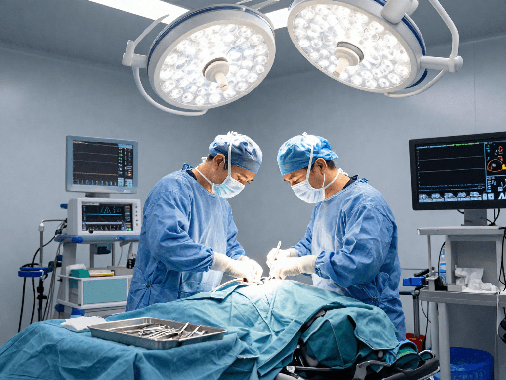 Bel fıtığı ameliyatı surgery scene with surgeon and advanced equipment.
