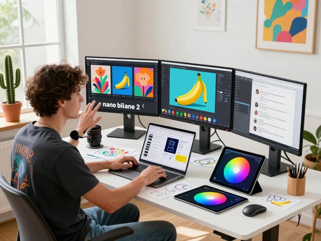 Creative professional using nano banana 2 AI image editor in a vibrant workspace, showcasing innovative digital art and collaborative design.