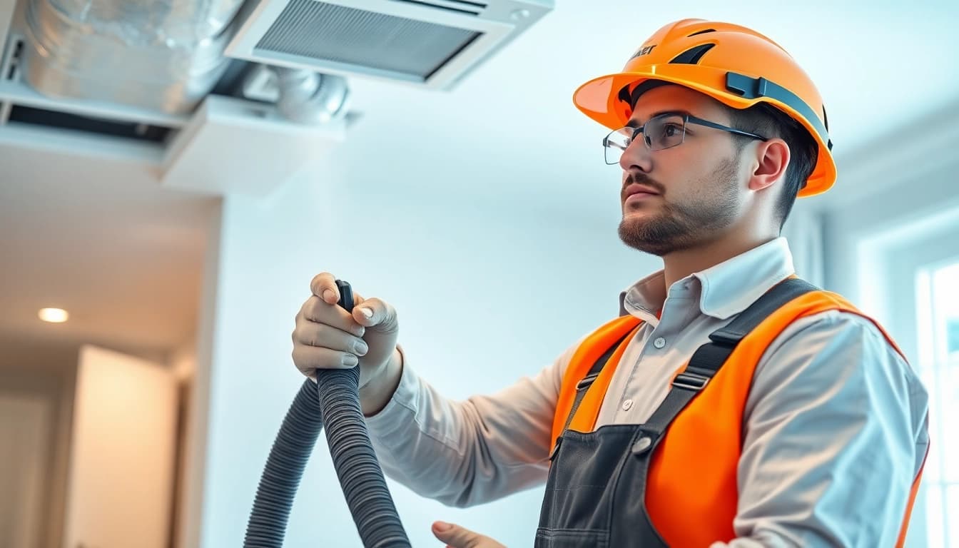 Air duct cleaning service performed by a professional technician using advanced equipment in a modern home.
