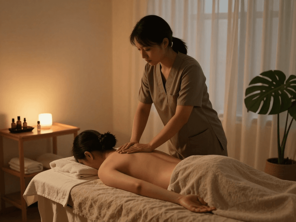 Relaxing 출장마사지 session at home with soothing atmosphere and professional therapist.