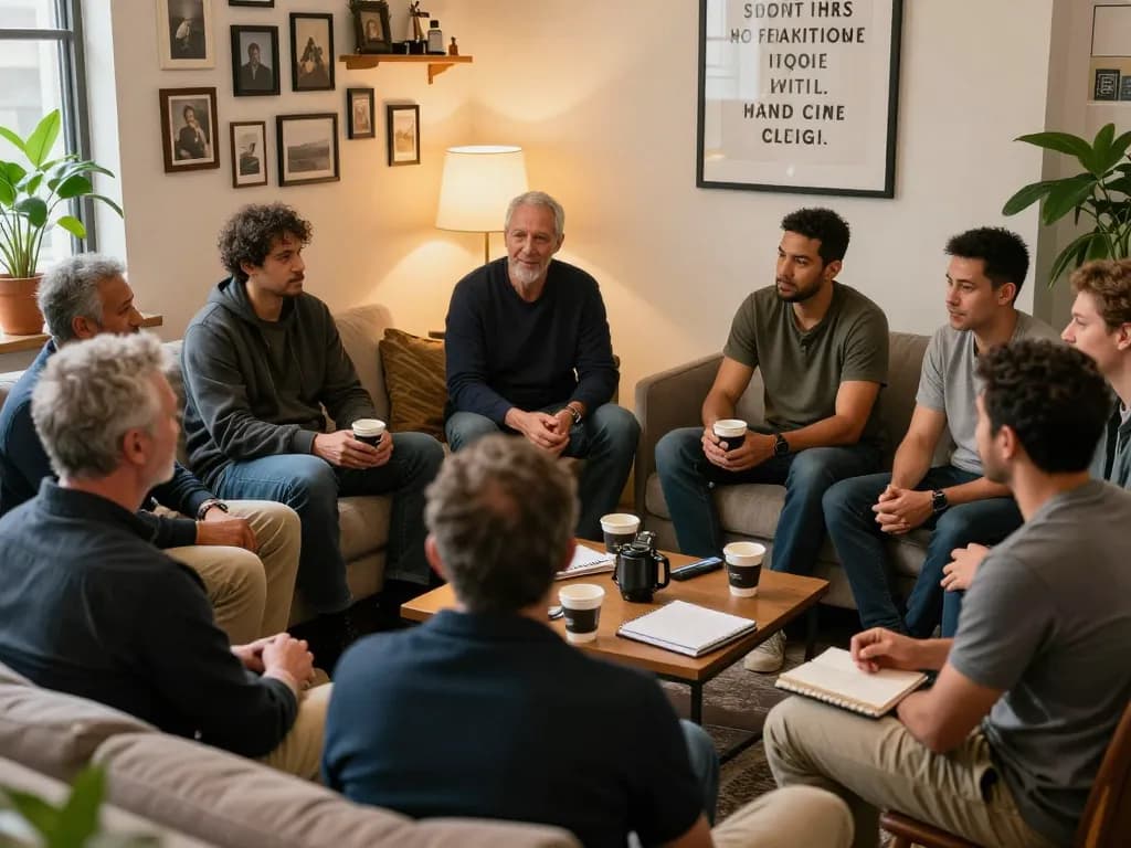 Men connecting in a supportive atmosphere at a man club gathering.