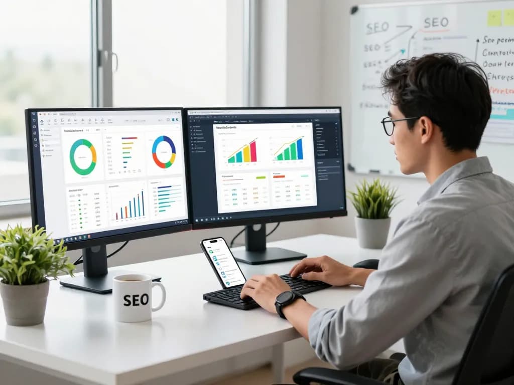 SEO expert utilizing group buy seo tools in a modern office with analytics and keyword research displayed