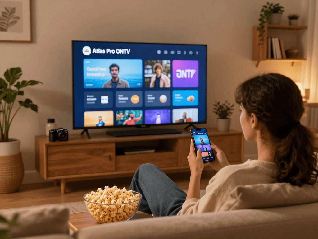 Une personne utilisant l'application Atlas Pro sur un smartphone dans un salon confortable, montrant le divertissement à domicile.