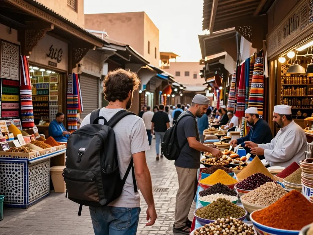 Vibrant scene of travelers exploring Marrakech with local street food, representing a premier morocco tour company experience.