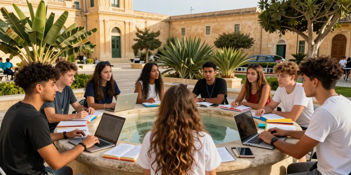 Cursos de inglés en Malta con estudiantes interactuando alrededor de una fuente en una soleada escuela de idiomas.