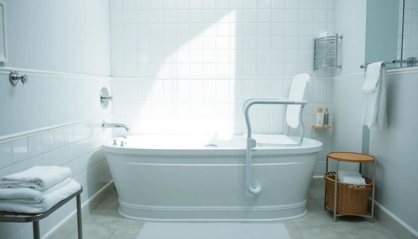 Badehilfe für Senioren: Barrierefreie Badezimmerhilfen wie Haltegriffe und Badewannenlift erhöhen Sicherheit und Komfort.