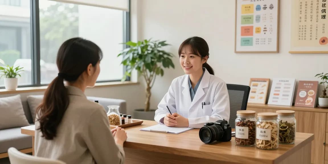 Consultation at 영통한의원 featuring a physician and patient discussing herbal treatment options in a serene wellness clinic.