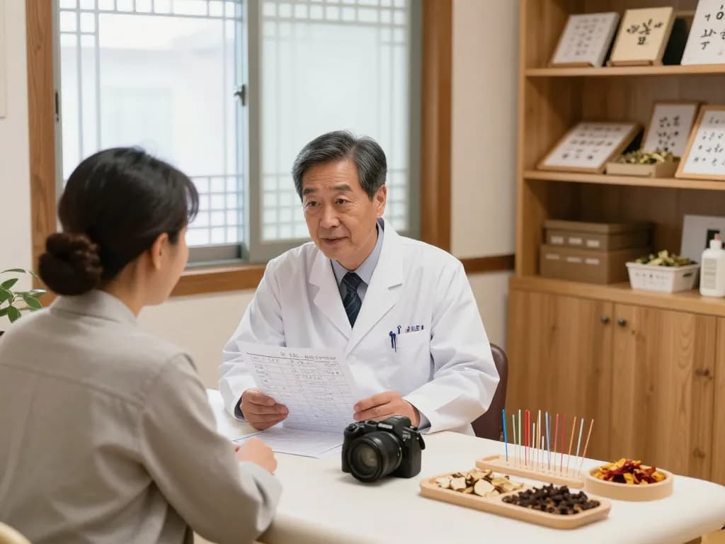 Consultation at 수원한의원, showcasing personalized acupuncture treatment in a cozy, healing environment.
