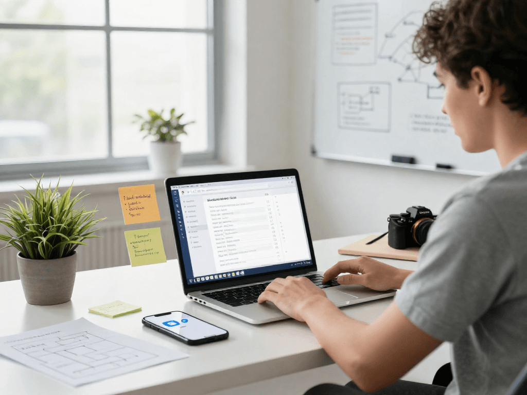 Who-called-me phone number lookup tool in a modern workspace with tech elements.