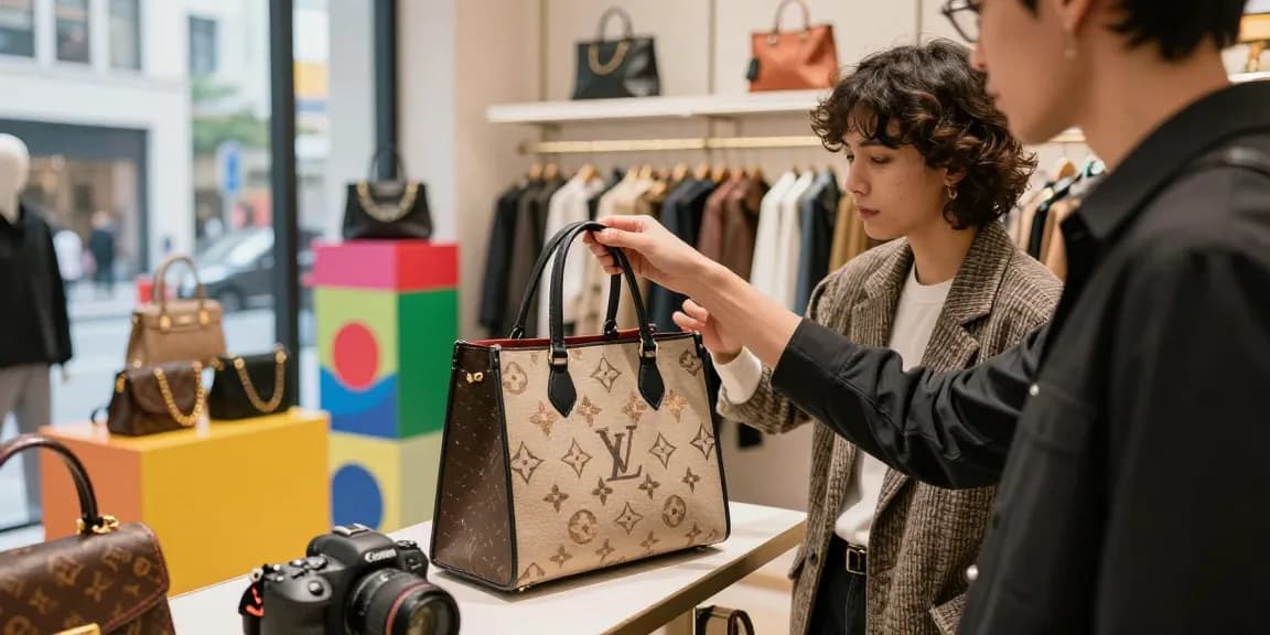 Shopping at a 레플리카 사이트, examining high-quality replica handbags in a trendy urban store.