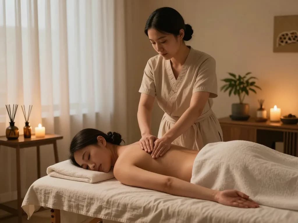 아로마 오일과 부드러운 조명이 있는 차분한 마사지 치료실에서 최고의 논현동마사지 휴식을 경험하세요.