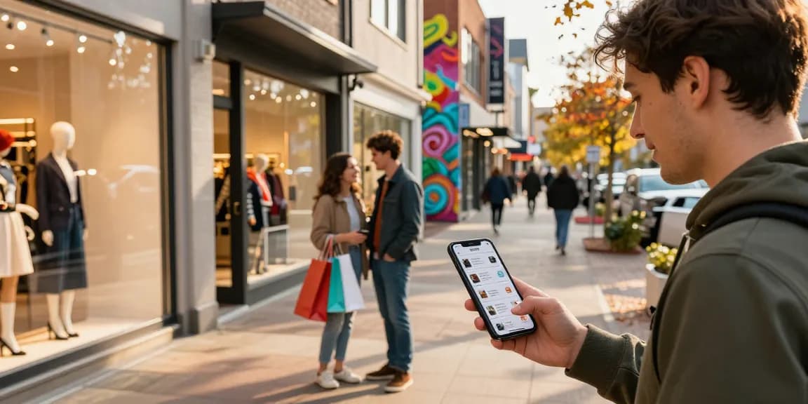 Young adult browsing shops in an urban shopping district, exploring deals on https://forumup.org/shop/search.php?ca_id=&addr1=&addr2=&addr3=&schKeyword= during golden hour.