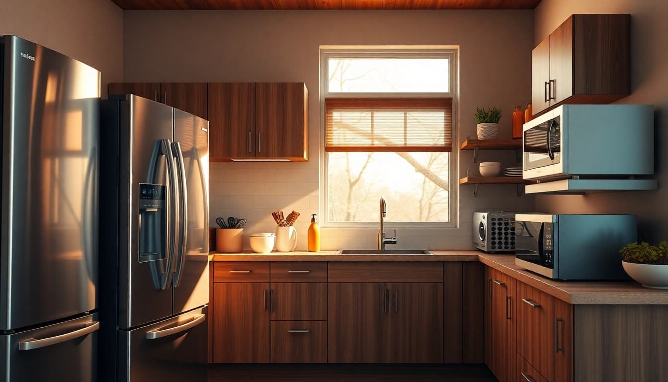 Showcase of home appliances in a modern kitchen featuring a sleek refrigerator and oven.