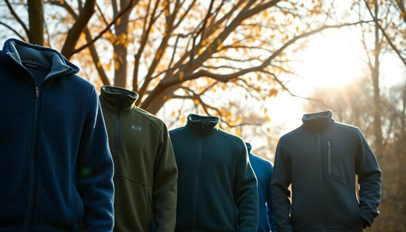 Fleece jacks in diverse kleuren tonen warmte en stijl in een natuurlijke setting.