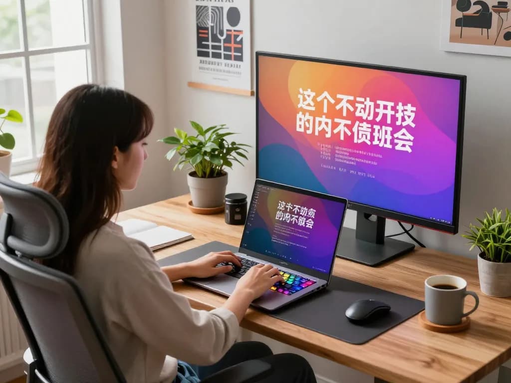 在舒适的家庭办公室工作空间中使用搜狗输入法，屏幕上显示着生动的汉字。