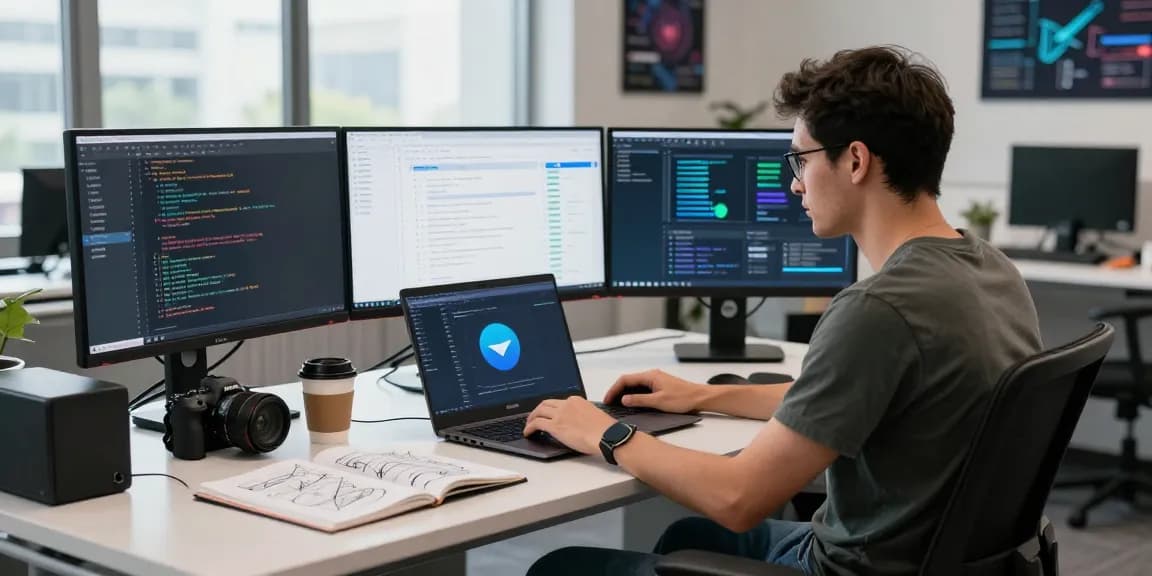 Focused developer working on telegram china apk in a modern workspace