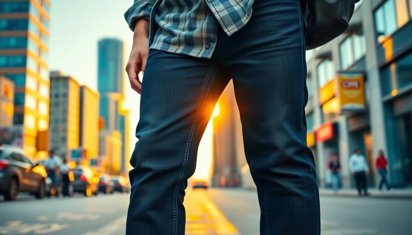 Showcasing black jeans men styled with a casual outfit against an urban backdrop.
