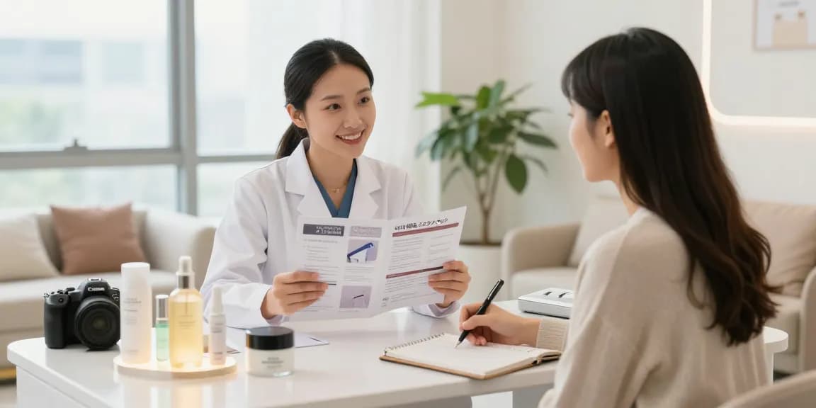 皮膚科医とクライアントが治療オプションについて話し合うVIO脱毛+クリニックでの相談。