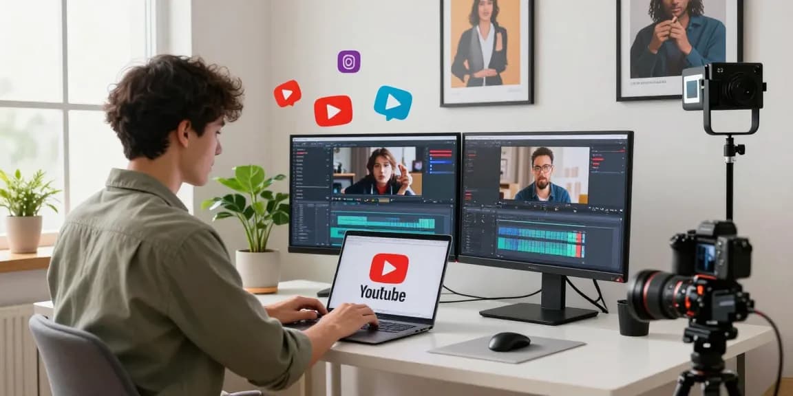 Content creator in a modern home office, demonstrating how to buy YouTube views for video marketing success.