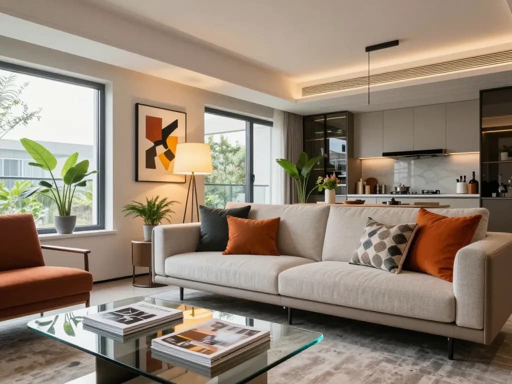 ออกแบบบ้าน in a modern living room filled with natural light and stylish decor.