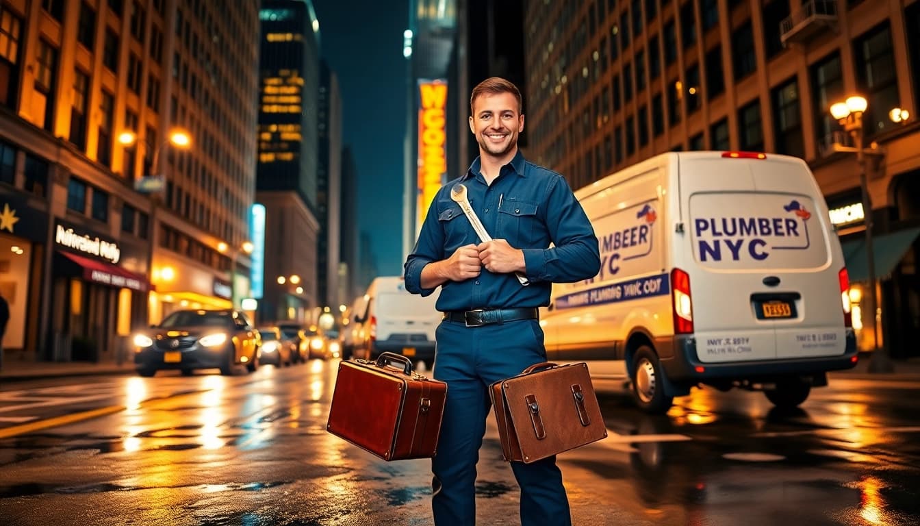 24 hour plumber nyc on a rainy night in NYC, ready for emergency service.