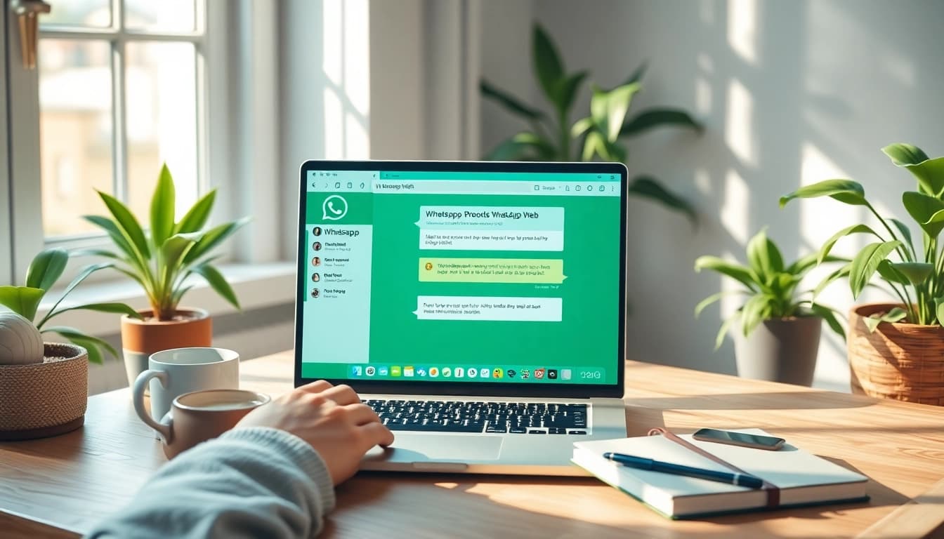 WhatsApp Web interface on a laptop in a cozy workspace, showcasing seamless communication.