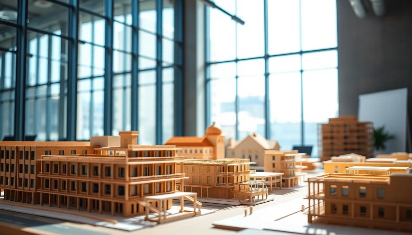 Architekturmodellbau Braunschweig zeigt präzise gefertigte Modelle in einem modernen Büro.