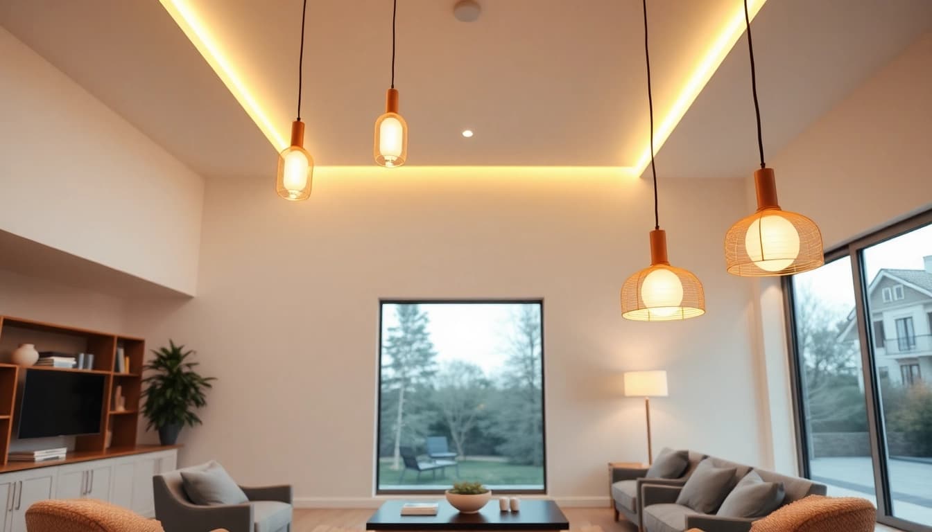 Sleek illumination radiating from elegant pendant lights in a modern living space.