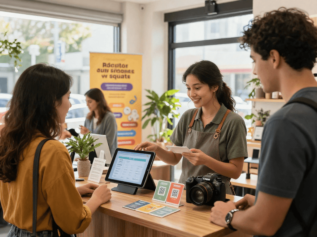 Shop owner demonstrating loyalty software to customers in a vibrant retail setting, enhancing customer engagement.