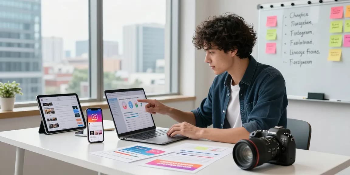 Buying real Instagram followers through engaging analysis at a modern marketing workspace.