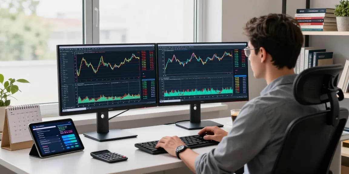 Traders working with MetaTrader 4 on dual monitors showcasing forex charts and analytics in a modern office.