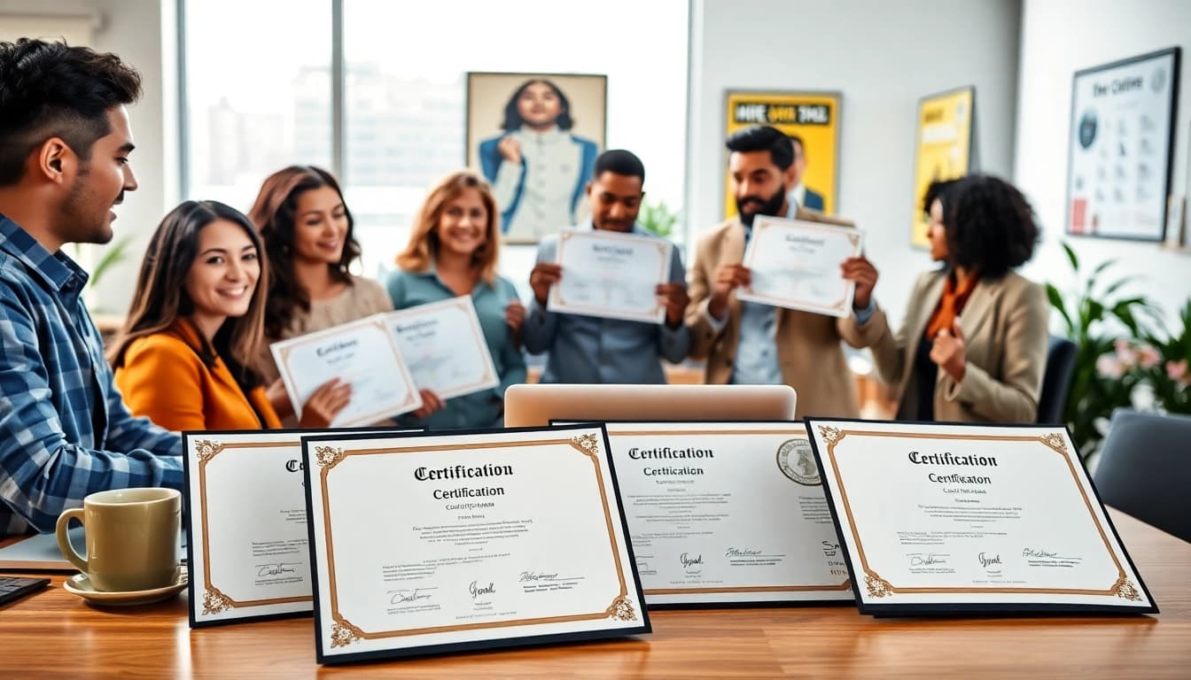 Individuals showcasing options to get certified with diverse credentials in a modern workspace.