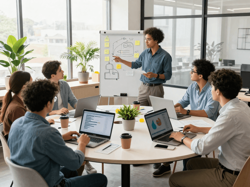 Motchill team collaborating in a modern workspace with digital marketing data on screens.