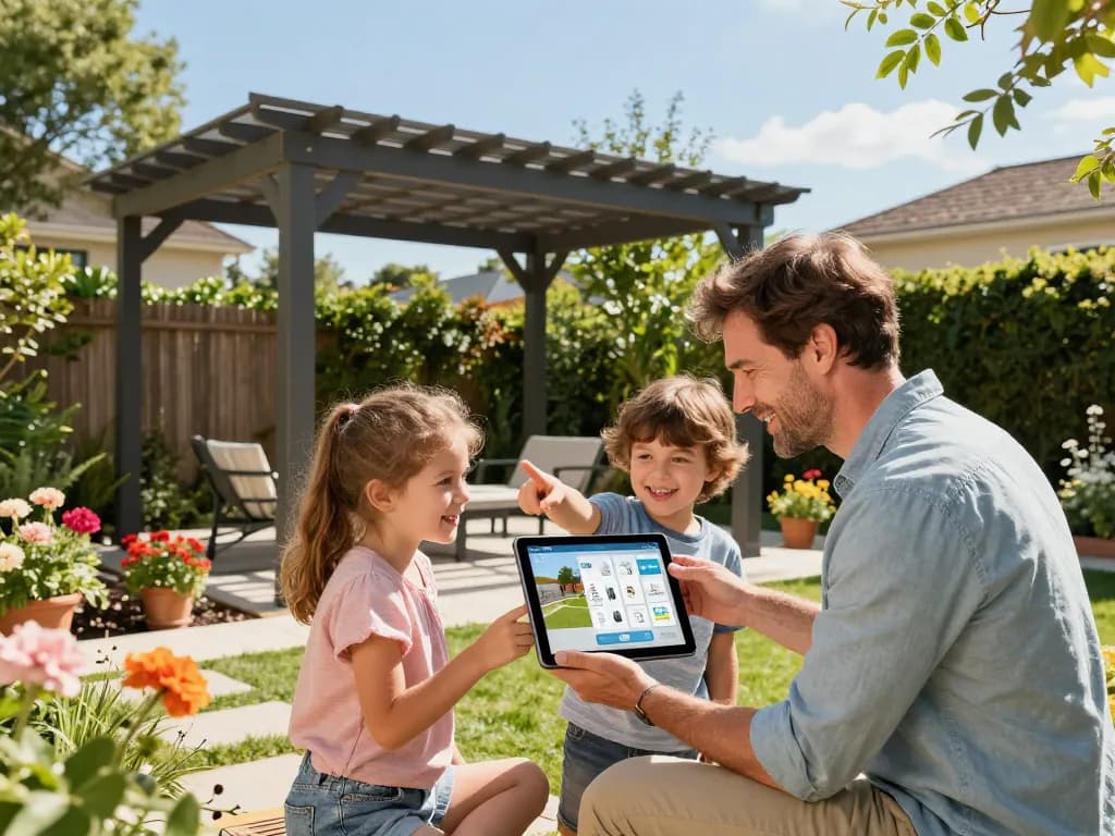 Family using the 3D Pergola Configurator in their vibrant garden, visualizing outdoor designs.