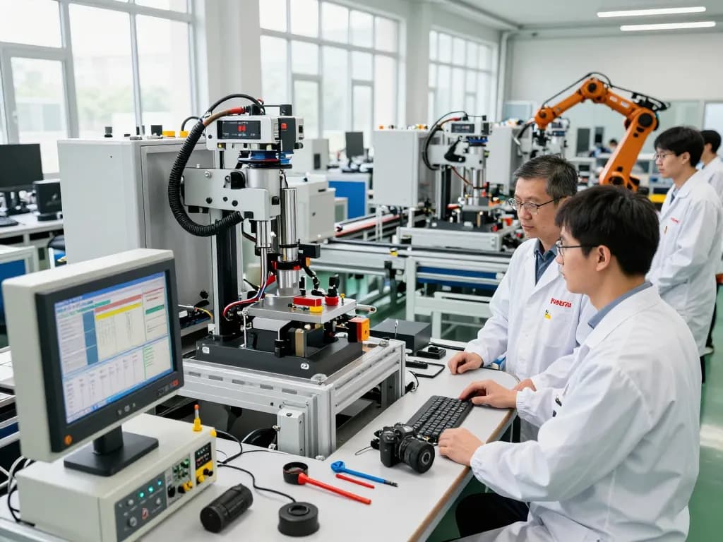 Engineers analyzing Bosch Rexroth automation solutions in a bright industrial setting.