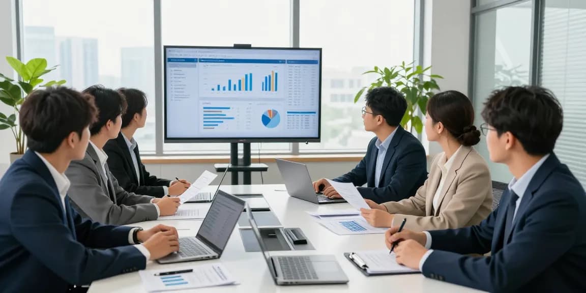 A diverse team collaborating in audit firms in UAE, reviewing financial data in a modern office.