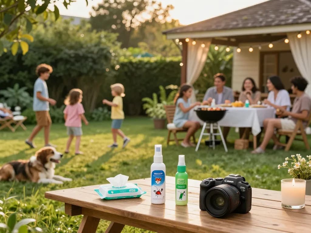 Family enjoying a backyard barbecue with mosquito repellent products nearby for effective protection.