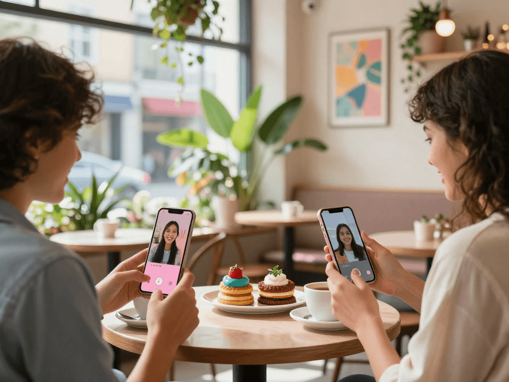 Engaging in pink chat video conversations in a vibrant cafe setting.