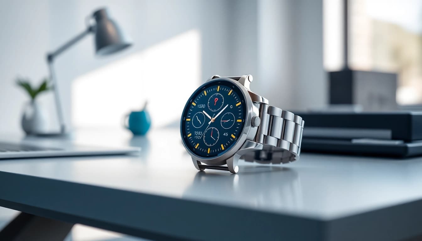 Finesse Smart Watch showcasing health metrics on a modern desk, highlighting style and technology.
