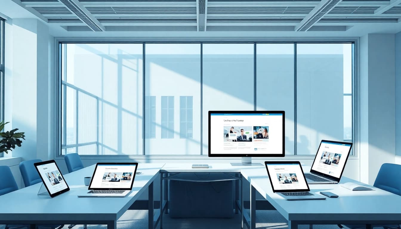 Responsive web design NYC showcased in a modern office setting with digital screens and collaborative furniture.