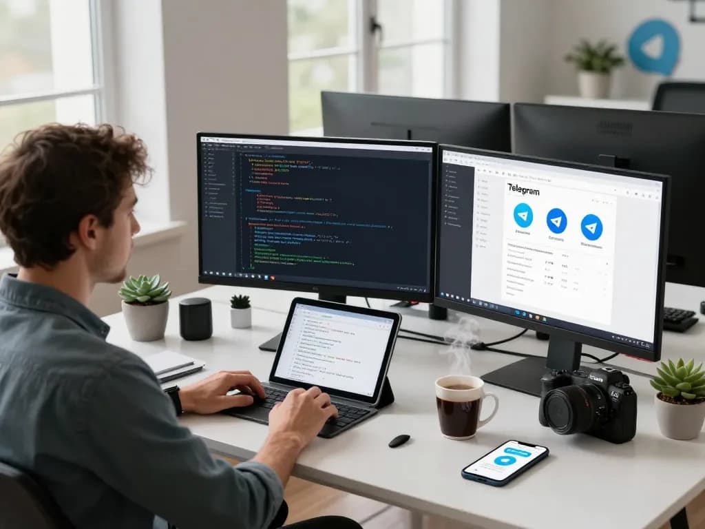 Developer coding Telegram 下载 in a modern workspace with multiple monitors and tech gadgets.