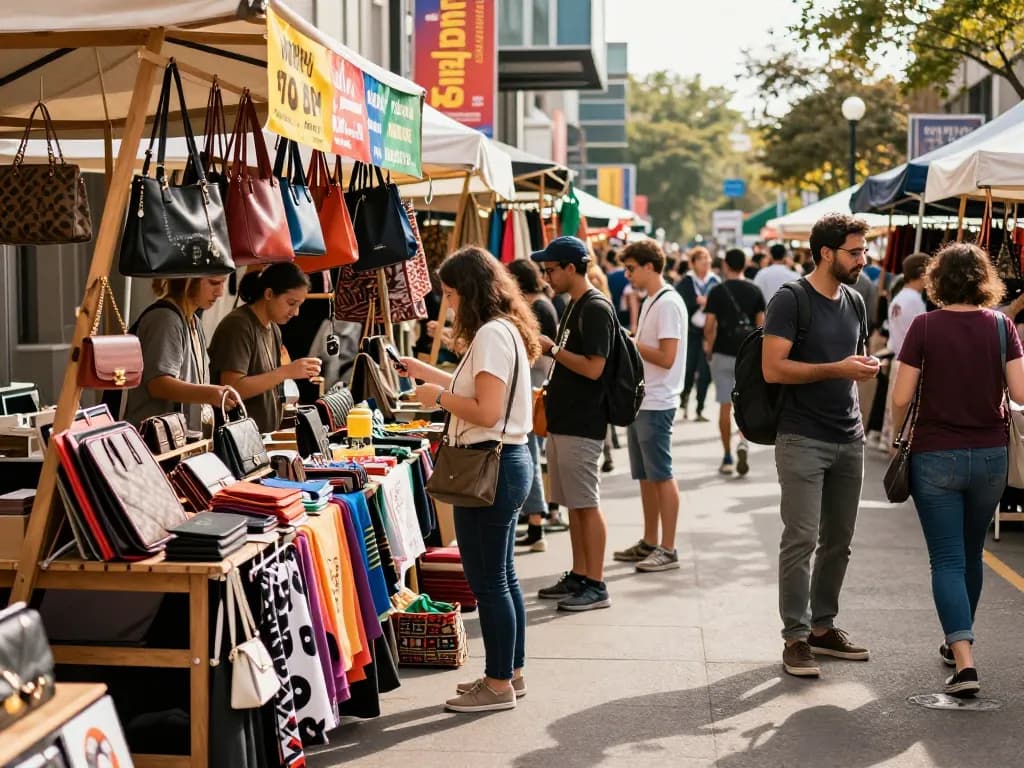 High-quality 레플리카 fashion goods displayed in a bustling street market, showcasing vibrant styles and lively shopping atmosphere.