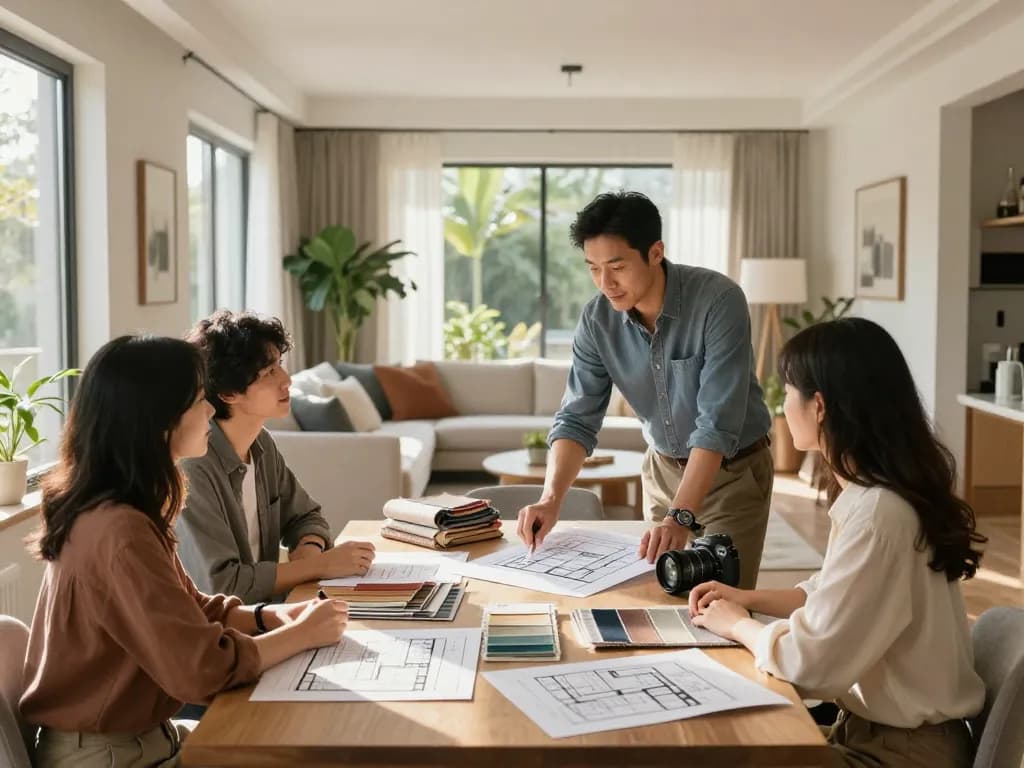 ออกแบบบ้าน with interior designers collaborating on modern home plans in a bright atmosphere.