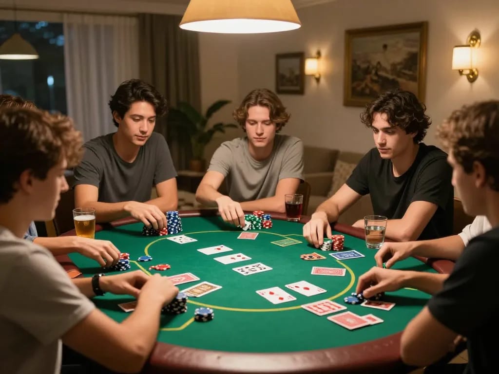Friends engaged in a fun poker game at home with snacks and drinks while using https://lc88app.com/ for strategy.