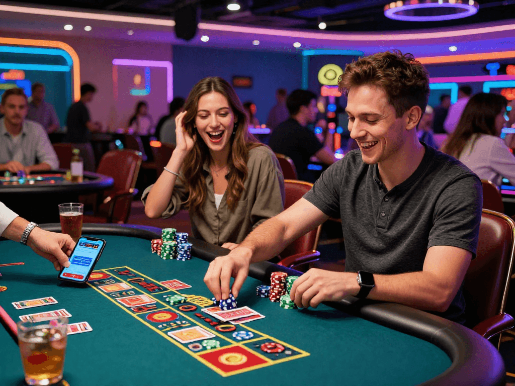 Excited players at a casino using the oxbet app for better betting strategies.