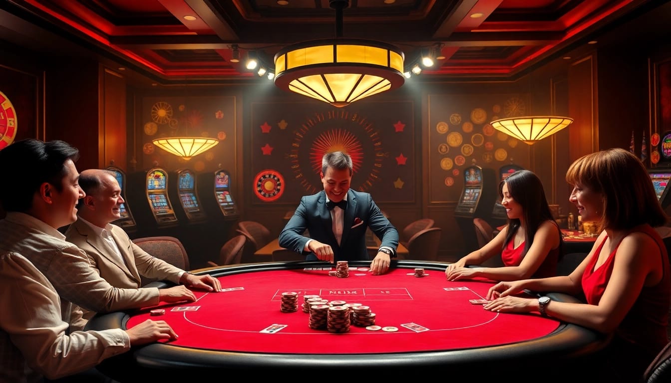 Engage in a live poker game at the luxurious ok365m online casino, featuring colorful chips and intense players.