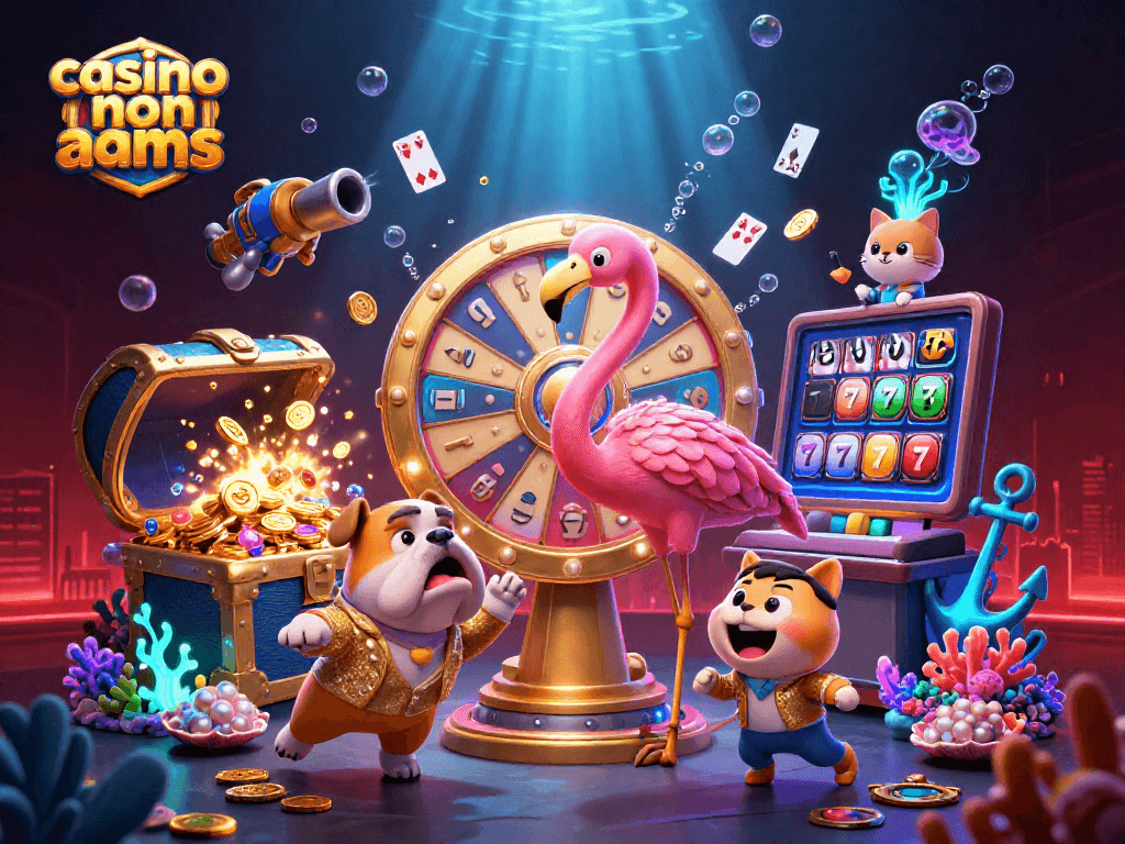 Gioca nel mondo del casino non aams mentre un pavone ospite gira una ruota dei premi dorata circondato da tesori sottomarini.
