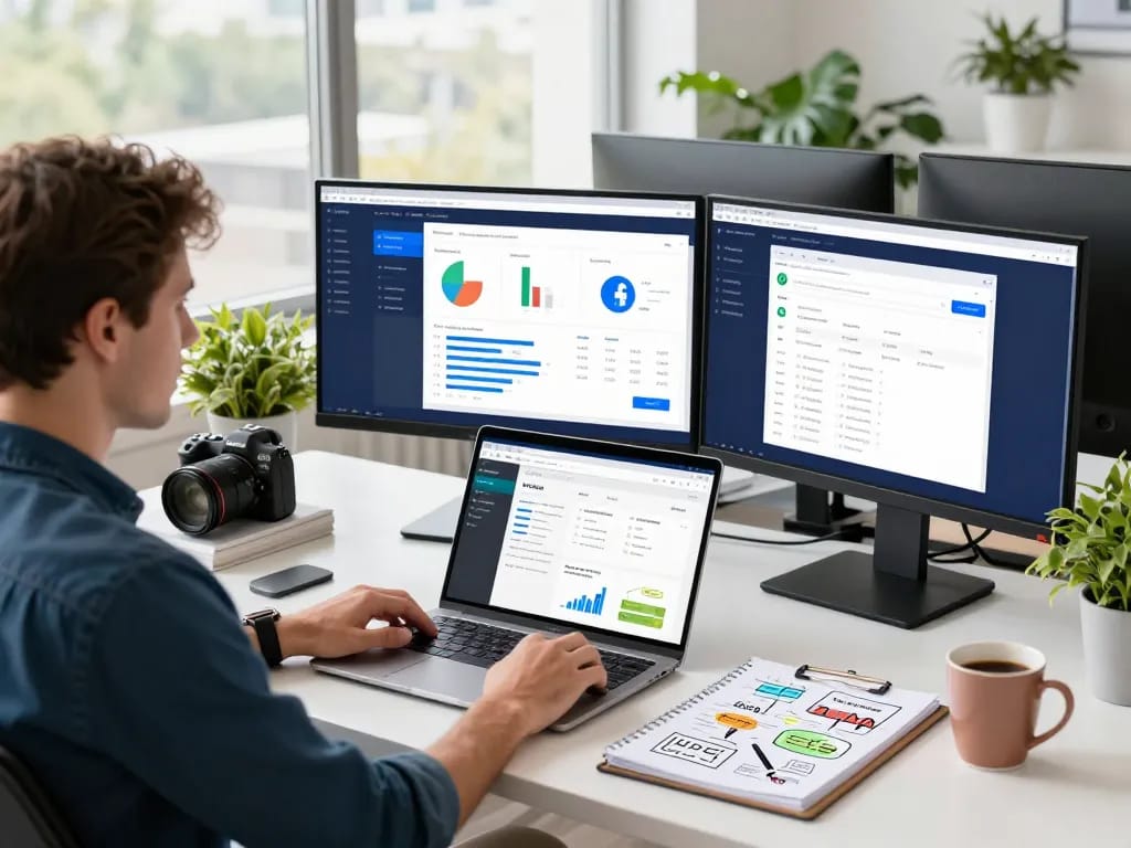 Marketer analyzing meta whitelisted ad accounts rent for effective Facebook campaigns in a modern workspace.