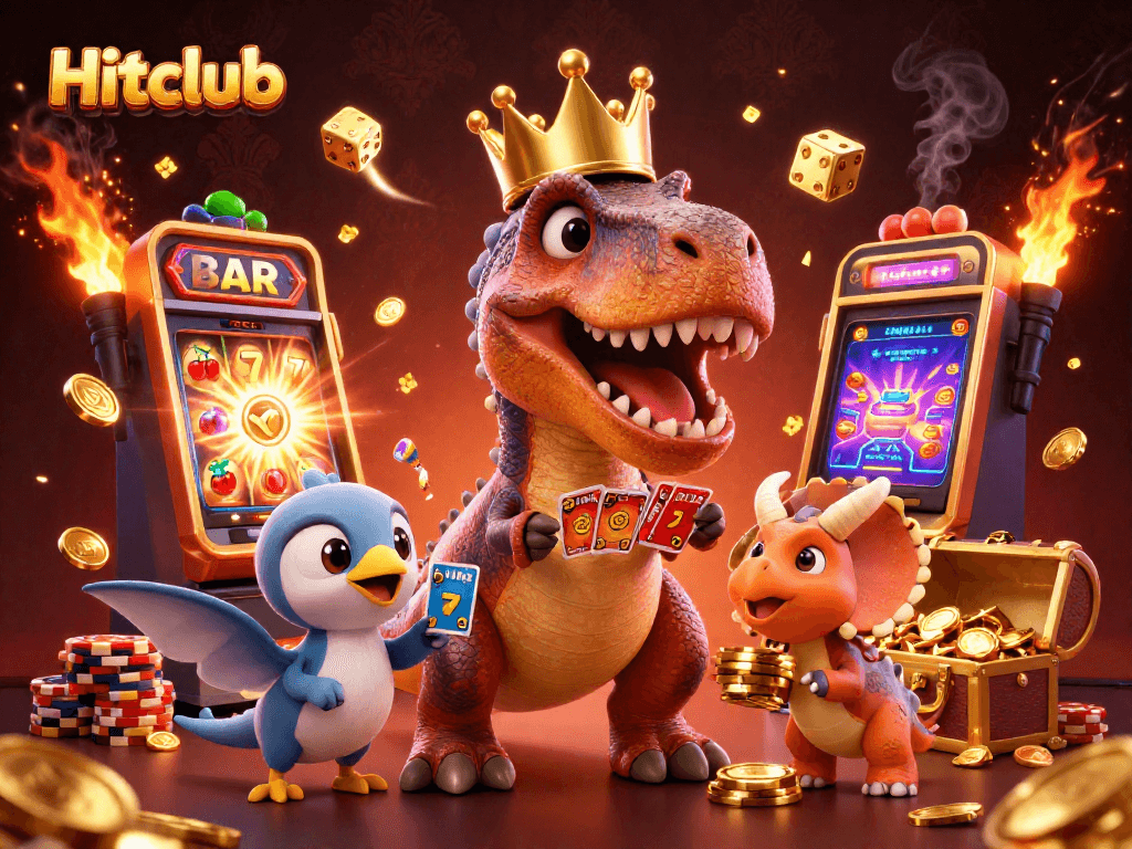 Hitclub showcases a friendly T-Rex shuffling cards amidst golden jackpot symbols and vibrant casino elements.