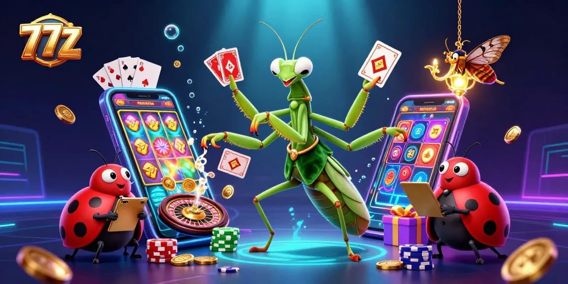77Z: Mantis e ladybug em cena de cassino movimentada com cartas e fichas